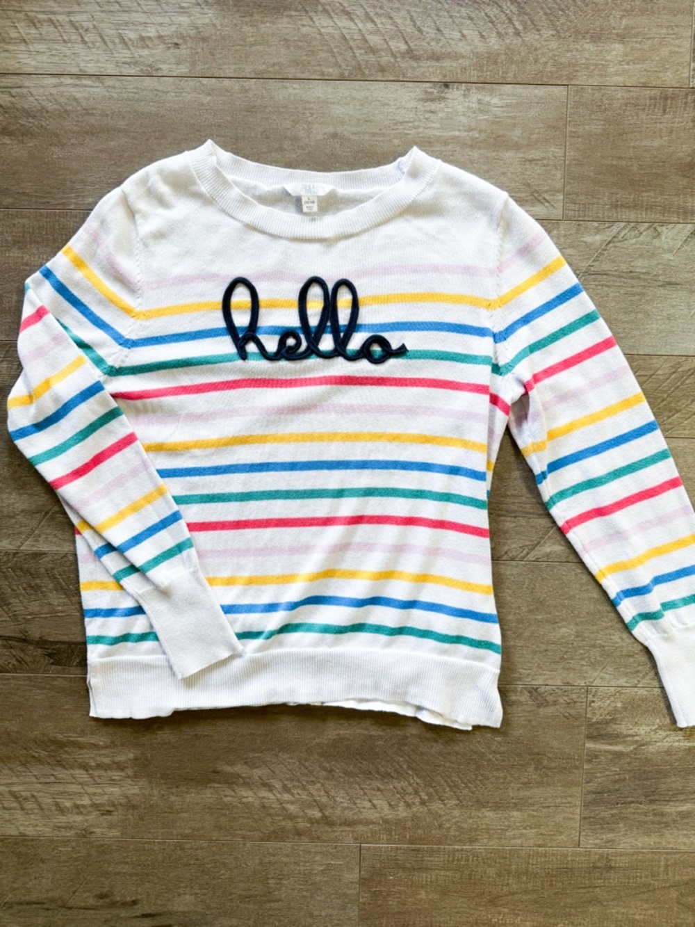 Time & Tru Rainbow Stripe “Hello” Sweater Size L White Crewneck Graphic Pullover